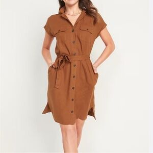 Old Navy Brown Button-Up  Linen Belted Dress